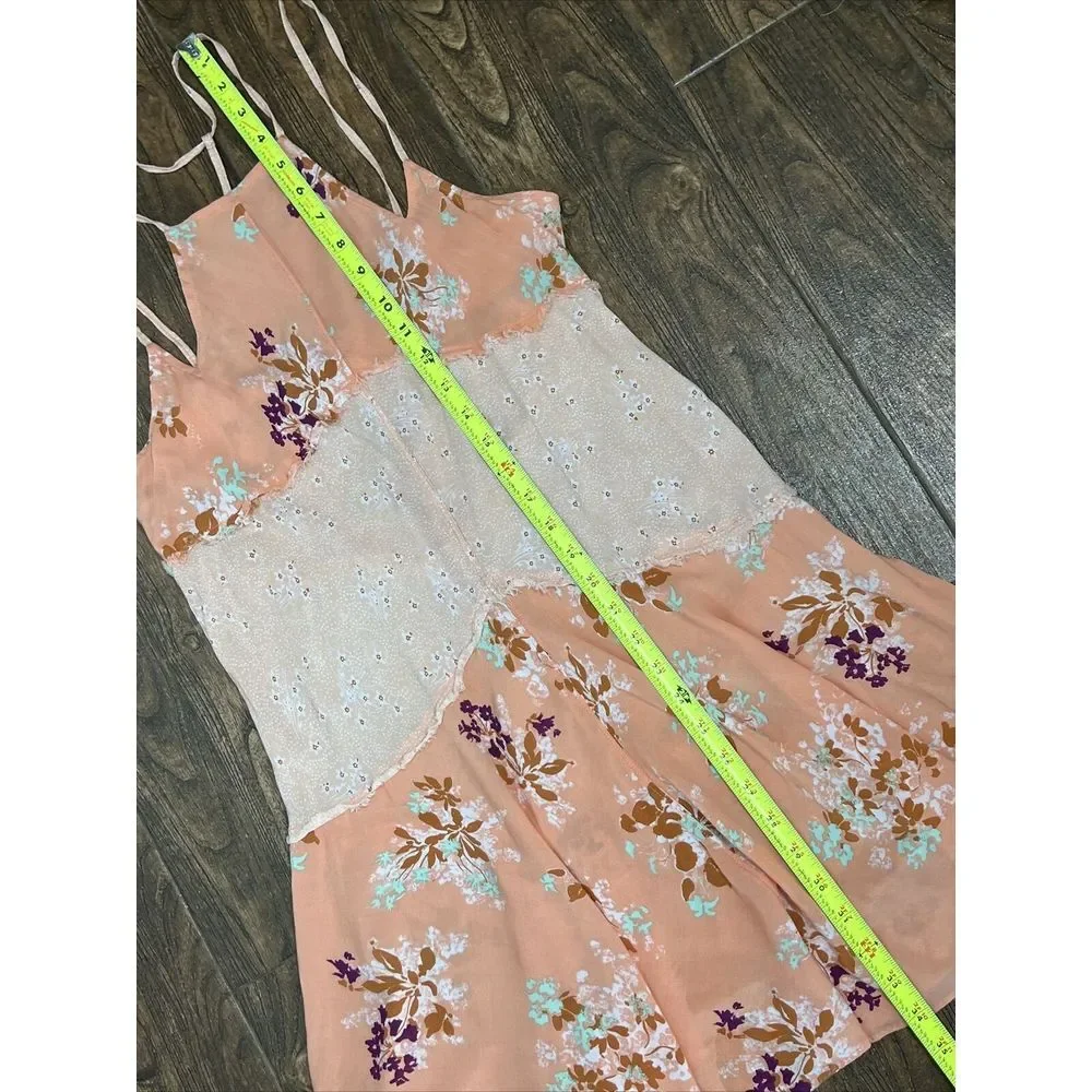 FREE PEOPLE PEACH WHITE FLORAL RAYON STRAPPY BOHO COTTAGE CRESCENT SLIP DRESS XS